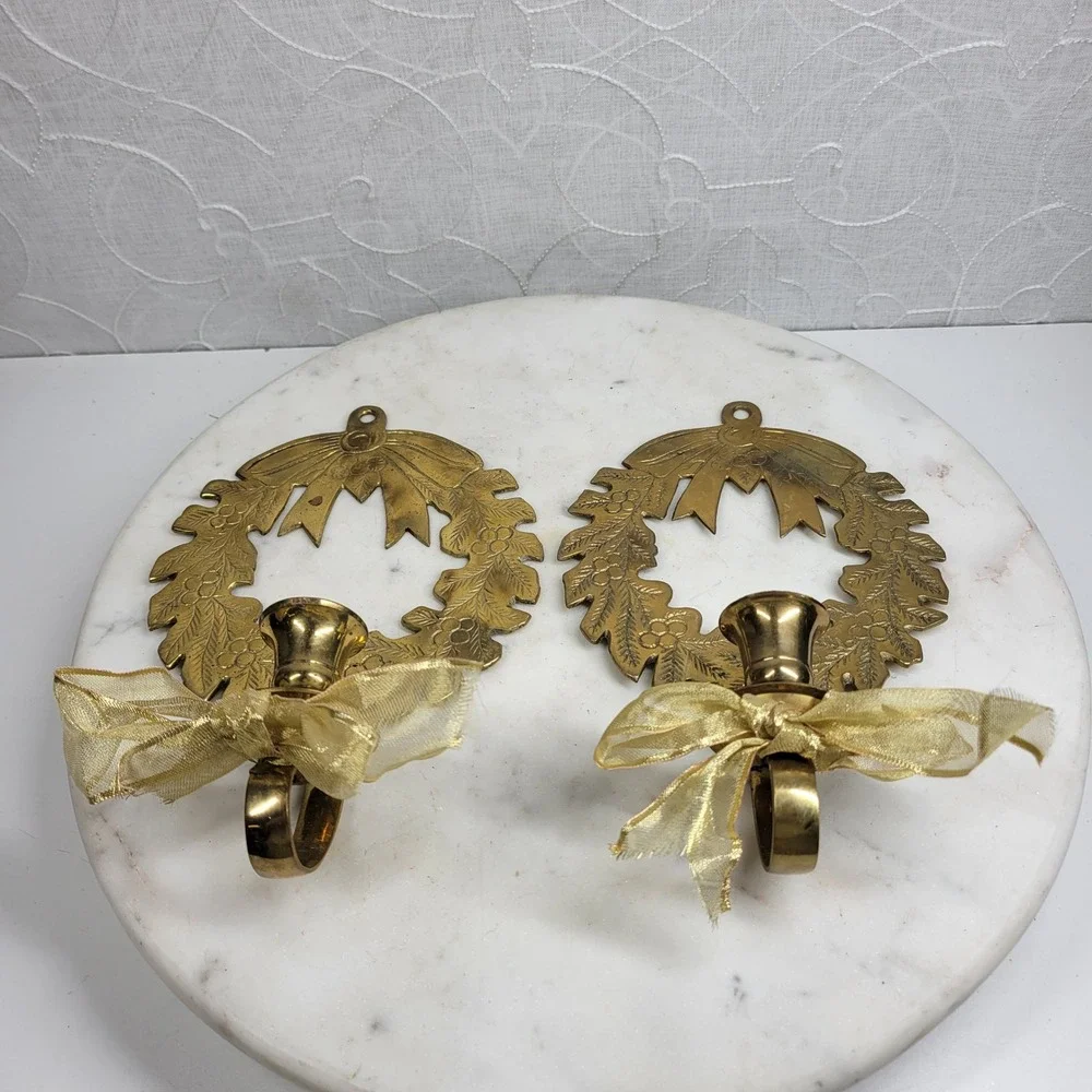 Solid Brass Christmas Wreath Candle Wall Sconces Pair Gold Holly Vintage Holiday